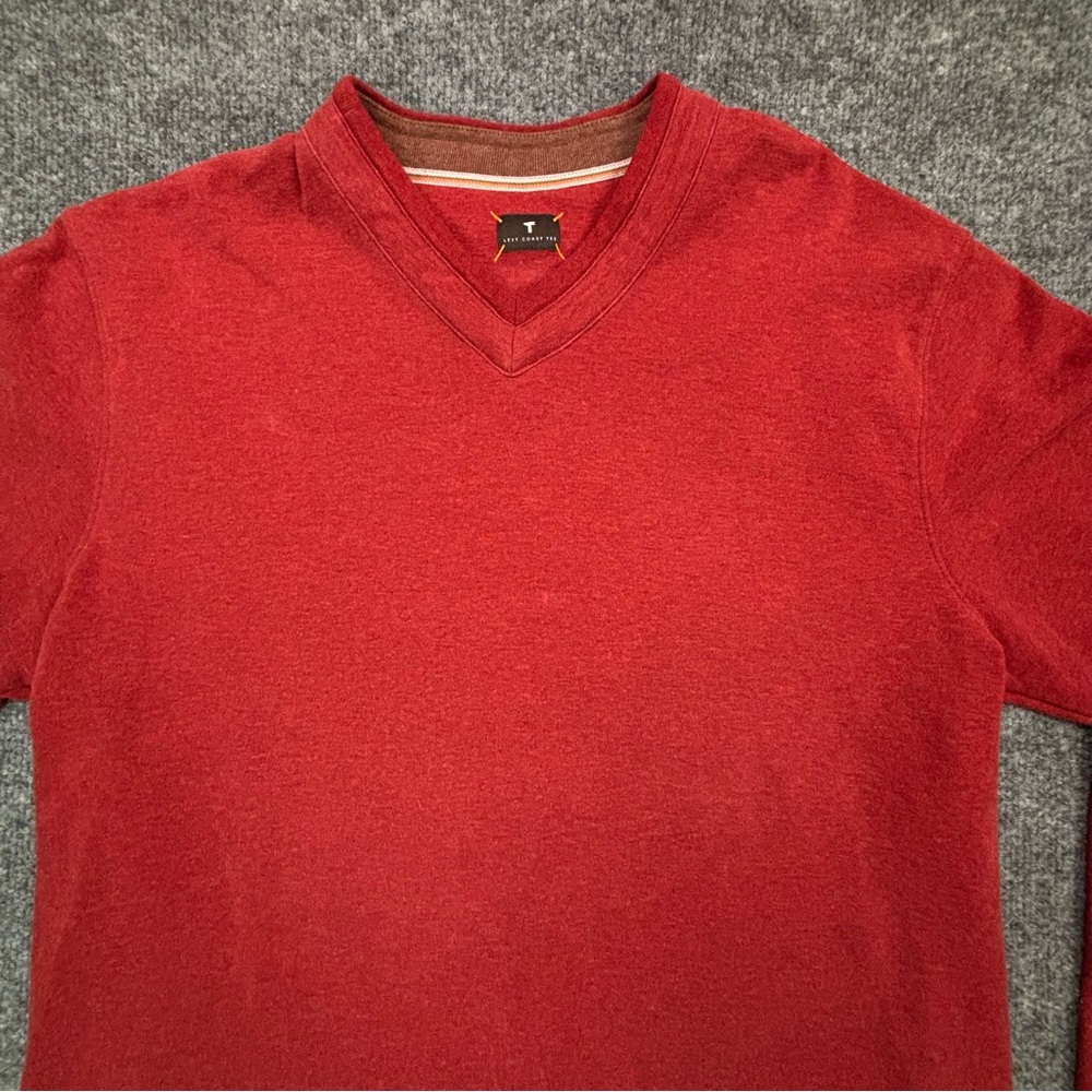 Left Coast Tee Pima Cotton V-Neck Sweater Red Elbow Patches Men's Size L Peru - Picture 6 of 13